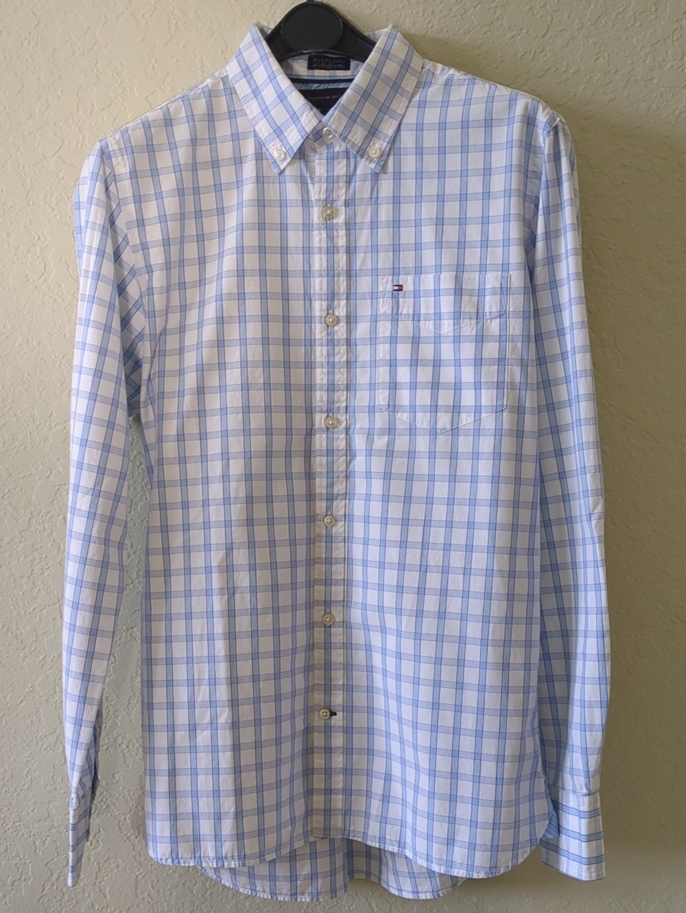 Tommy Hilfiger Light Blue and White Check Button-Up Dress Shirt